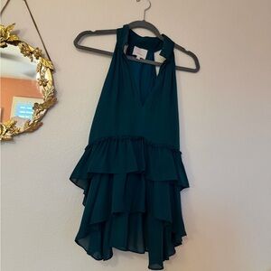 Cinq à Sept Green Onyx Ruffle Tiered Silk Button Blouse Shirt Teal Green Blue